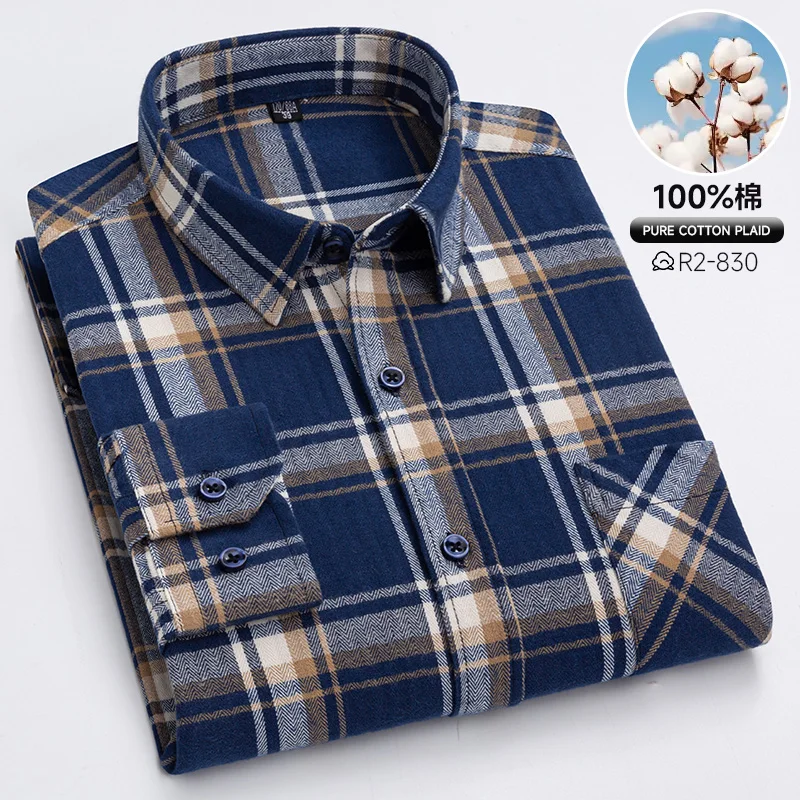 Men's Cotton Flannel Plaid Long Sleeve Shirt, Soft Brushed Warm Casual Shirt, Vintage Checkered Button Down Shirt Tops Size38-46