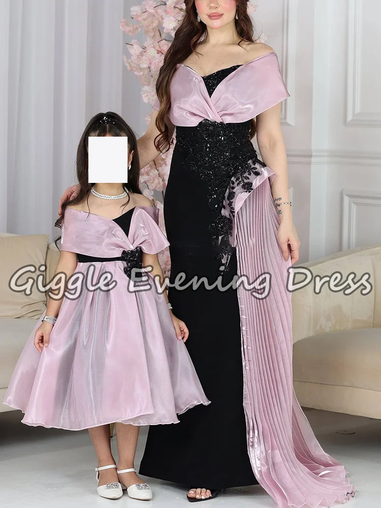 

Saudi Black Pink Mermaid Evening Dress Mother Daughter Matching Dresses Elegant Party Eid Dress فستان سهرة فاخر م