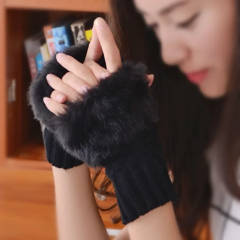 

Women Autumn Winter Keep Warm Plush Knitted Woolen Splicing Half Finger Gloves Cute Lovely Sweety Smooth Soft Writing Drive