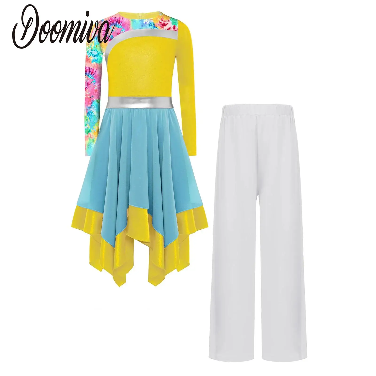 

Kids Girls Worship Praise Dance Robe Outfit Modern Lyrical Dance Performance Costume Tunic Dress and Pants Liturgical Choir Sets