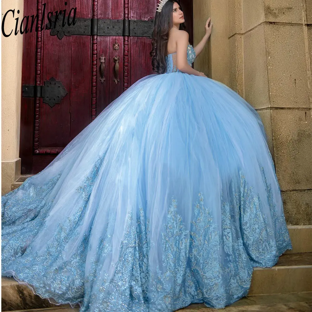 Light Blue Sweetheart Beading Crystal Quinceanera Dresses Ball Gown Illusion Appliques Lace Sweet 15 Birthday Party