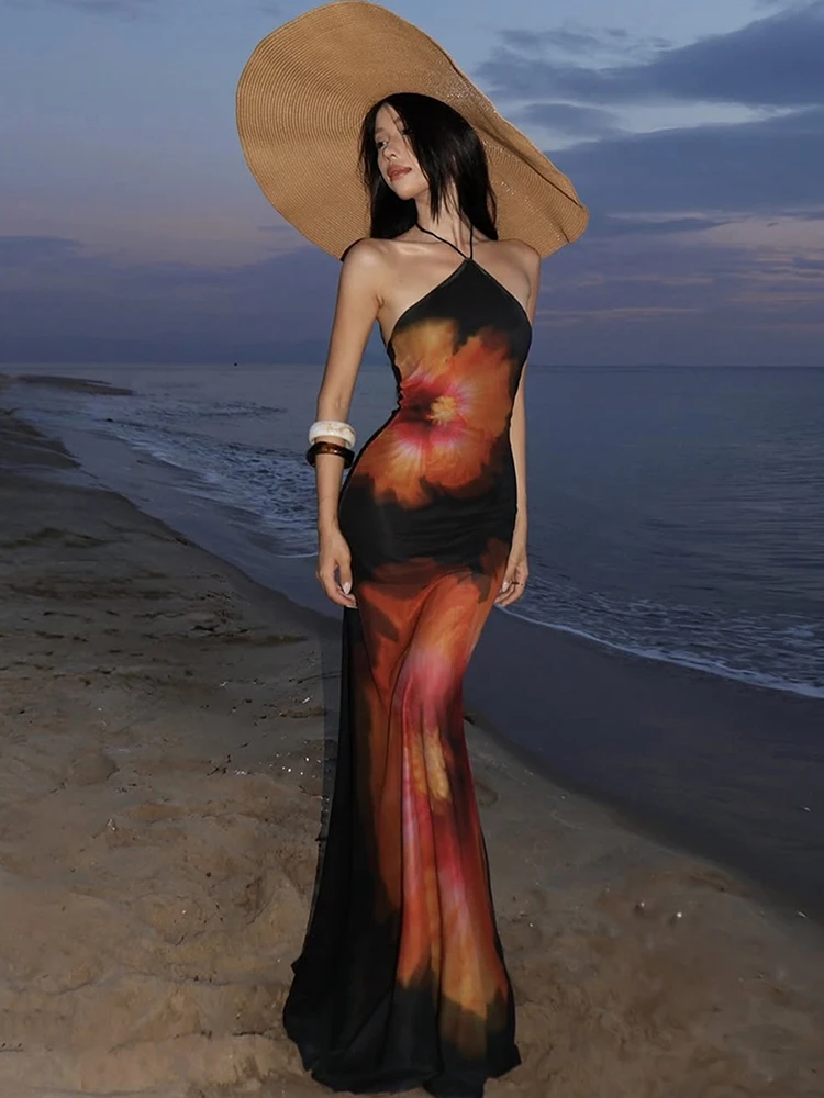 Nibber Stretch See Through Dress Women Beach Vacation Flower Print Halter Backless Bandage Sleeveless Party Elegant Vestidos