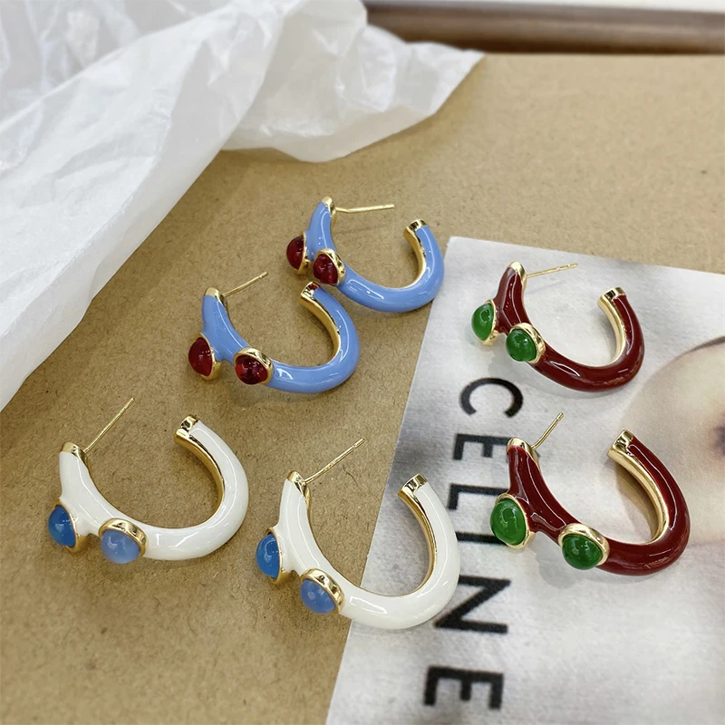 Personality French Style Red Crystal Smog Blue Drip Oil Round Hoop Earrings Fashion C-Shaped Circlr Ear Buckle Women Jewelry New