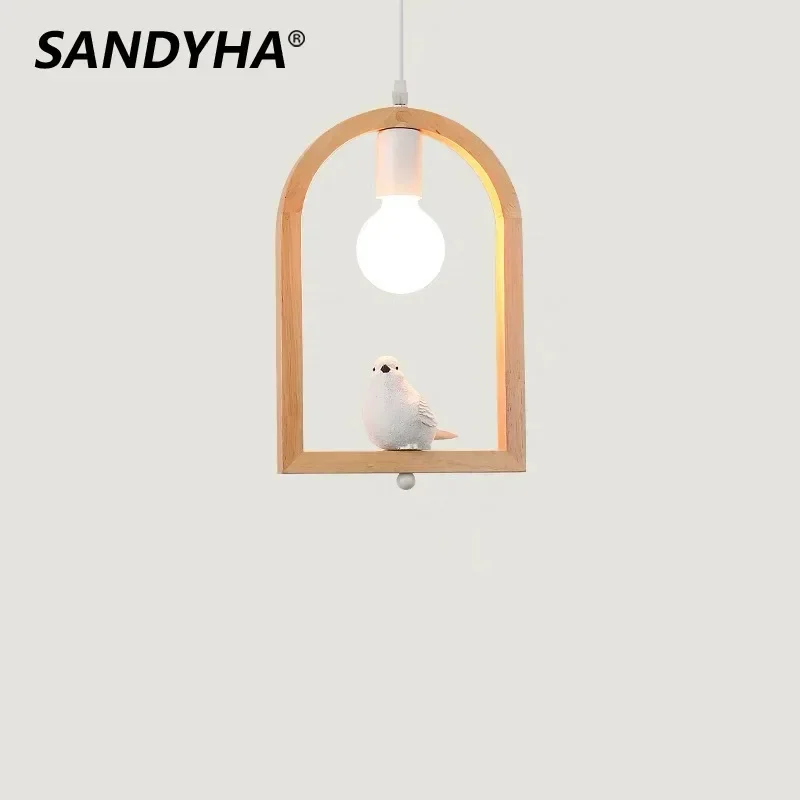 SANDYHA Nordic Style Pendant Light Wooden Bird Design Hanging Chandelier LED Lamps for Living Room Decor Dining Table Lighting