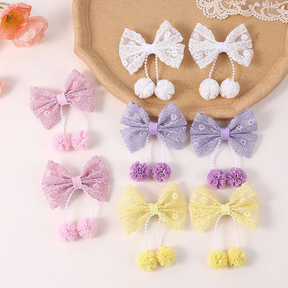 2Pcs/Set Coquette Lace Bow Hair Clips with Pom Pom Tassel Kawaii Flower Embroidery Barrettes for Girls Kids Cute Hair Clip
