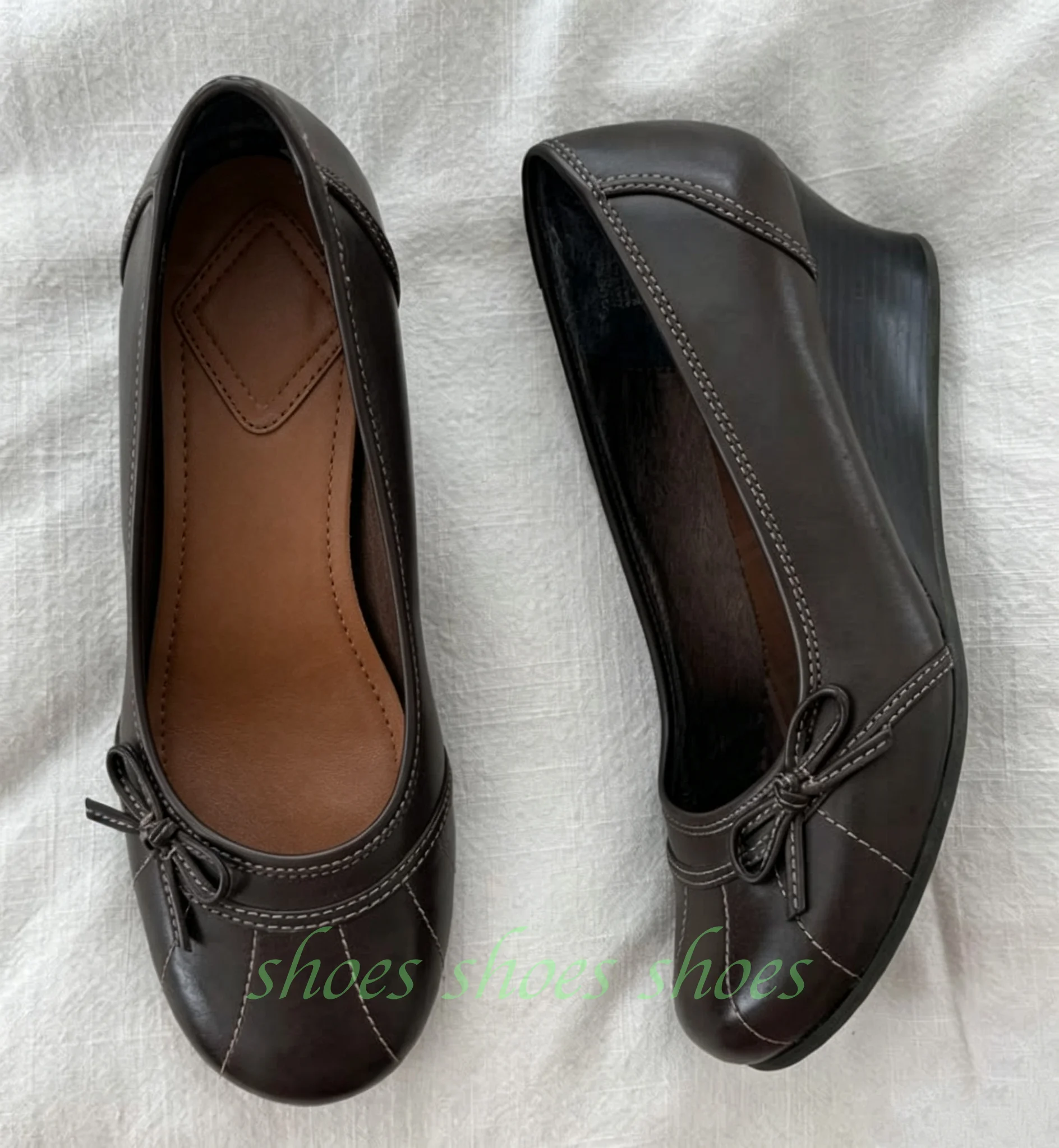 Brown Bowtie Wedge Pumps Women Round Toe Faux Leather Slip On Stitch Detail Vintage Low Wedge Heel Daily Dress Shoes Footwear 46