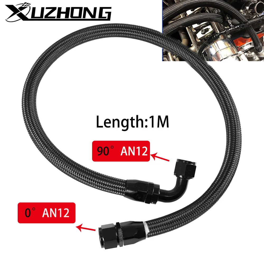 1M AN12 12AN Black Braided Oil Fuel Fittings Hose End 0+90 Degree Oil Adaptor Kit Oil Fuel Hose Line