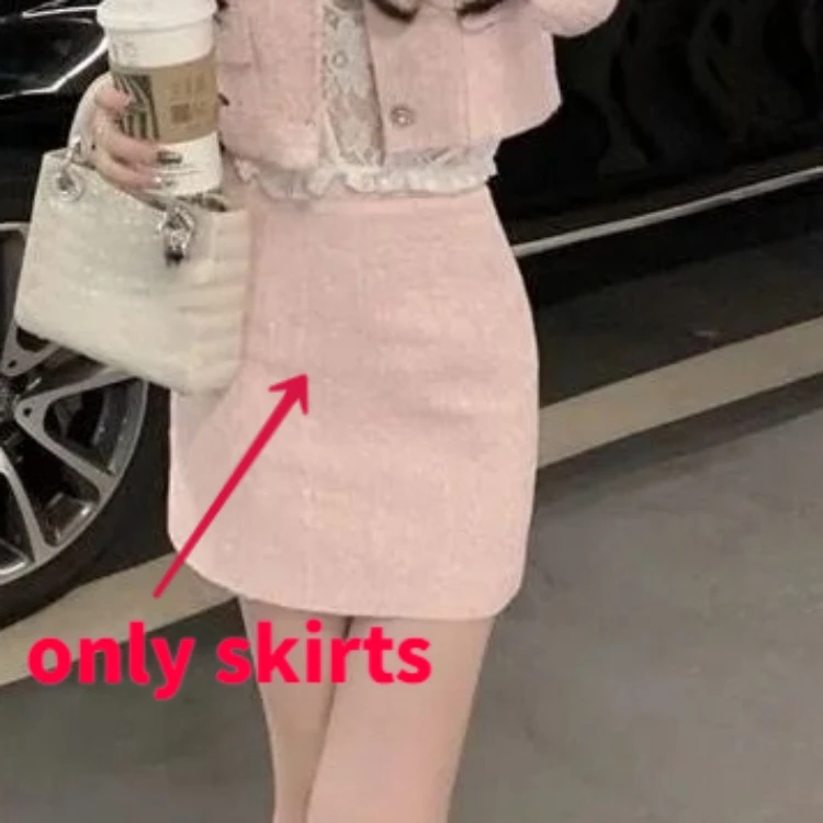 Elegant Vintage Long Sleeve Tweed Pink Coat Women+ Y2k High Waist Slim Fit Bodycon Skirts Early Autumn New Two Piece Sets