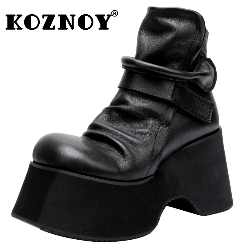 

Koznoy 10CM Genuine Leather Platform Wedge Spring Winter Plush Knee High Women Ankle Booties Autumn Luxury Chimney Ethnic Shoes