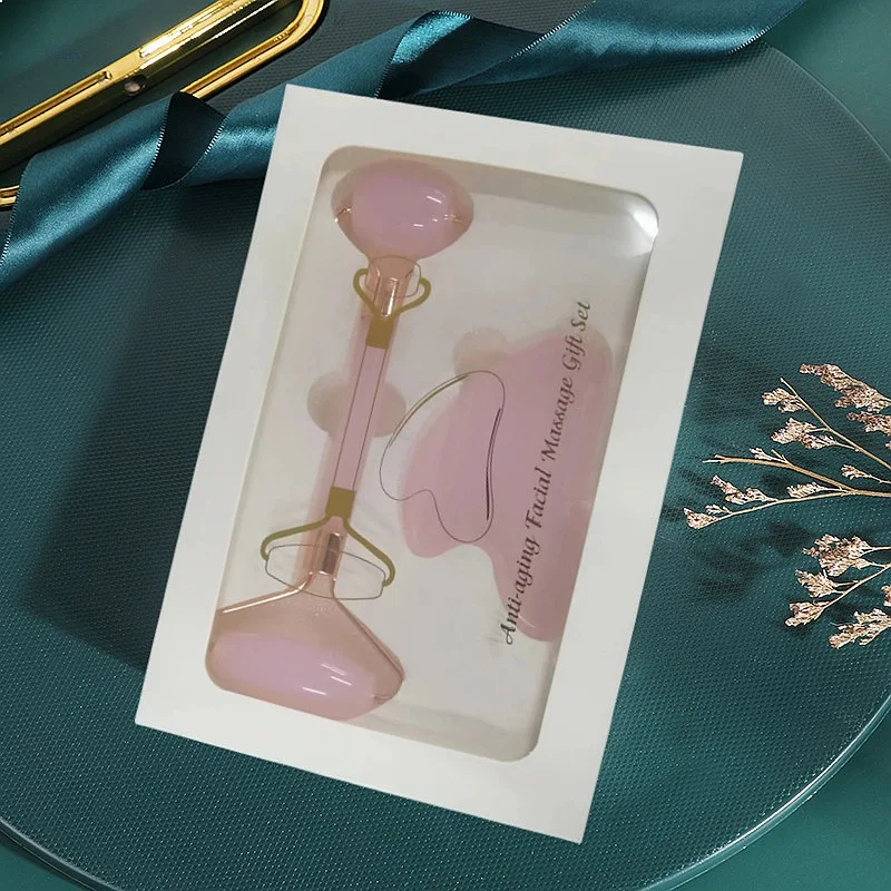 Rose Quartz Double Head Roller Gua Sha Board Set Resin Scraping Massage Tool For Face Eye Lifting Skin Care Beauty Gift