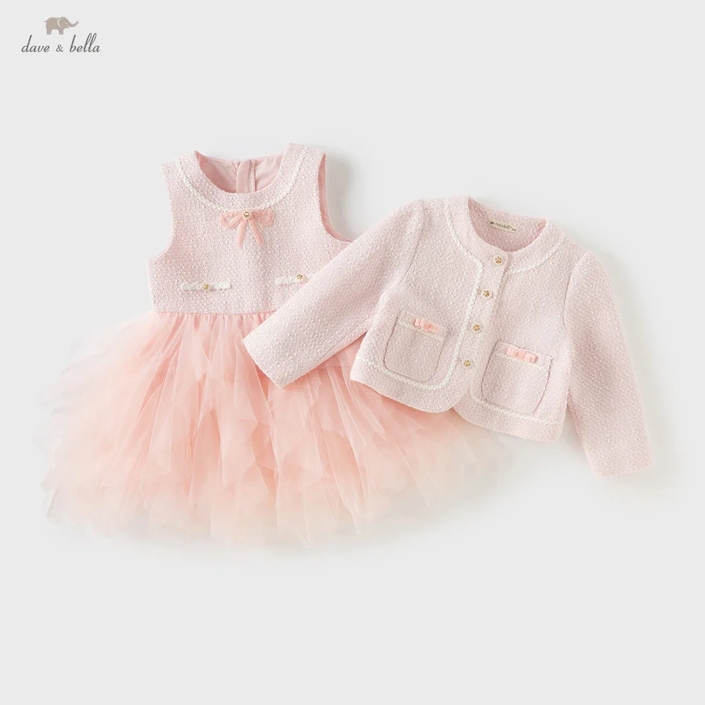 Dave Bella Princess Dress Set Girls Baby Autumn Charm Sweet Cute Pink Fashion Children's Mesh Dress Party Outdoor DB3253126