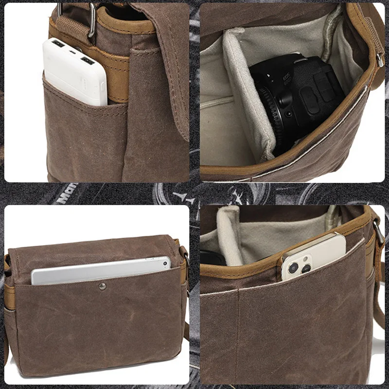 Waxed Canvas Camera Messenger Bag Shockproof DSLR Camera Crossbody Shoulder Bag with Leather Accents Photographers Outdoor Use