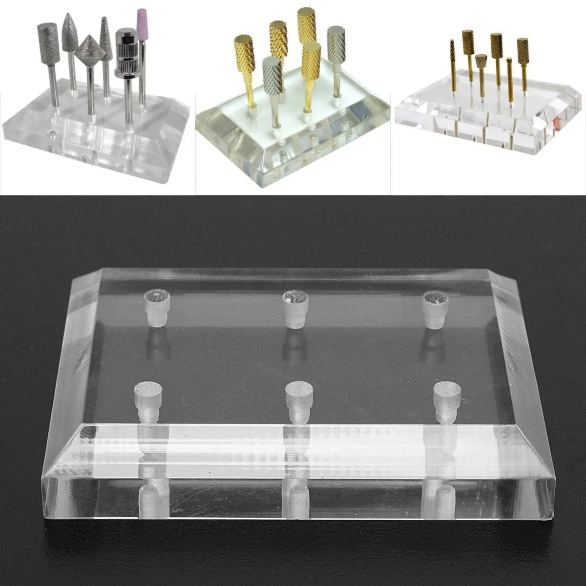 Acrylic Clear 6 Holes Nail Drill Bit Tool Stand Display Holder Carbide Box