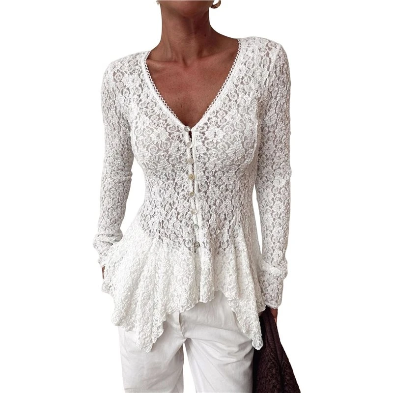Lace Cardigan For Women Floral Mesh Sheer Bell Long Sleeve Tops Dusters White M view 5