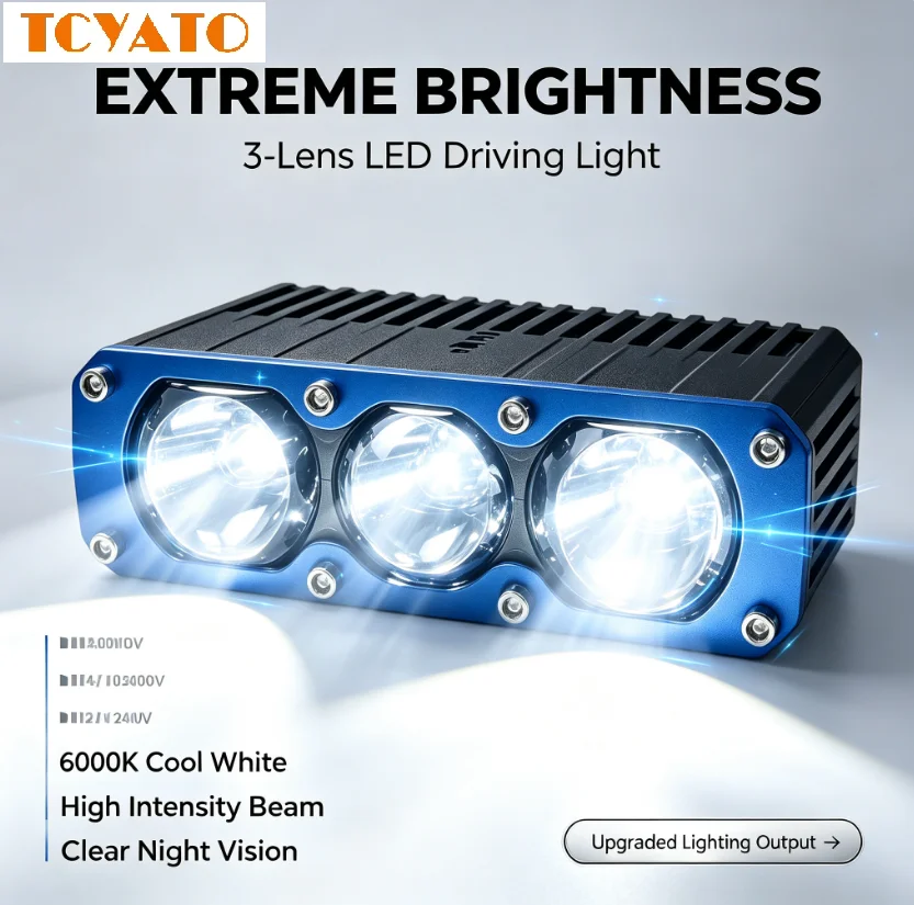 TCYATO New Triple Lens LED Spotlight LED Headlight Universal Grille Light Car Accessories For Car Motorcycle OFF-Road SUV ATV