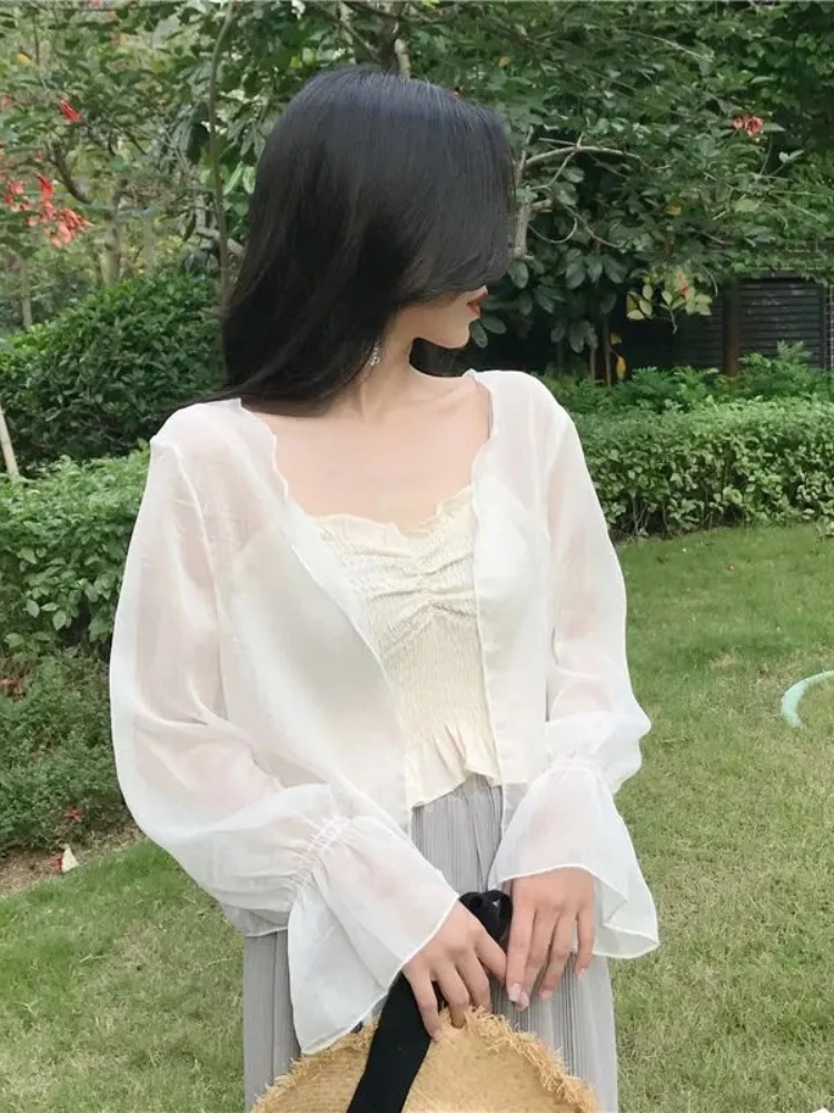 

Summer Cardigan Women Long-sleeved Solid Long Sleeve New Arrived 2025 Korean Casual Girl Chiffon Blouse Woman