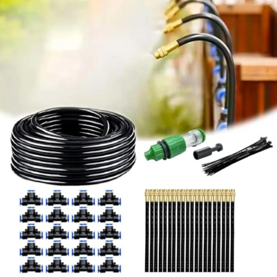 Automatic Greenhouse Drip Irrigation Kit with 20 Brass 360° Adjustable Nozzles 65FT 1/2" Tubing and Misting System for Outdoor