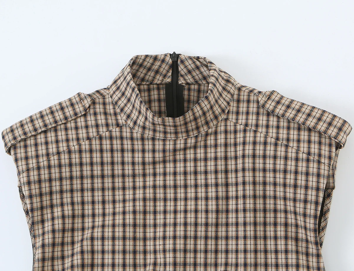 TFMLN Modische Damen-Kurzanzüge mit Karomuster, Vintage-Stehkragen, Elegante Ärmellose Rückenreißverschluss-Slim-Fit-Freizeitanzüge Neu – Detail 4