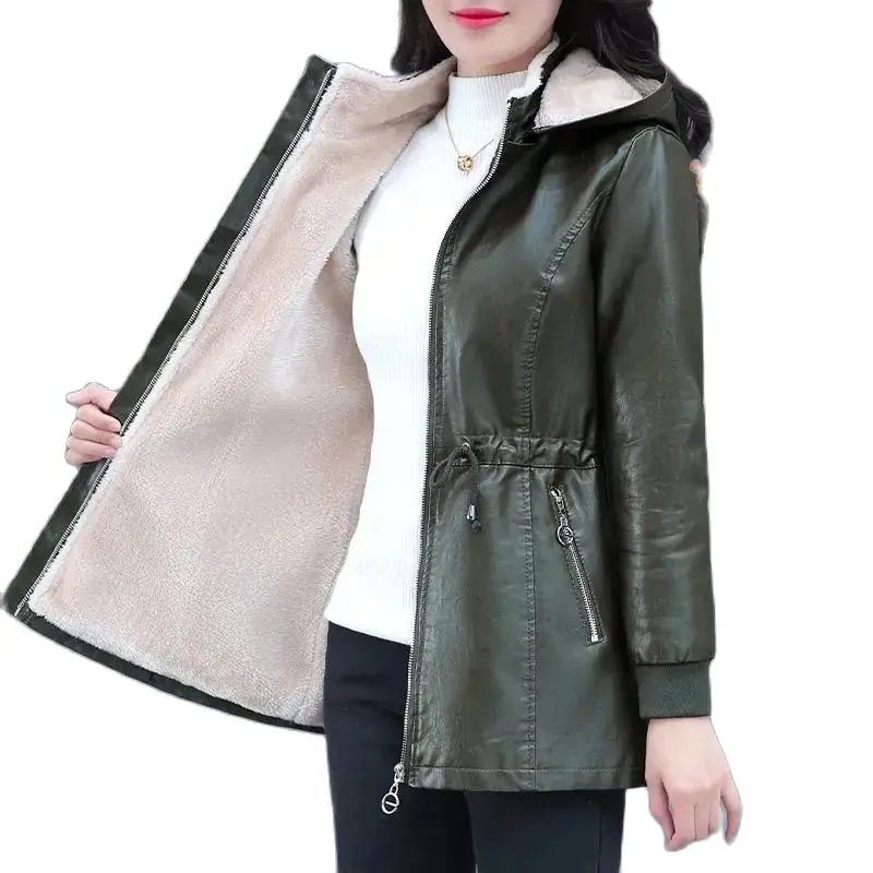 Winter Coat New Fashion Soft Leather Clothes Women\'s Long Sheep Leather Jacket Plus Velvet Padded Warm Coat