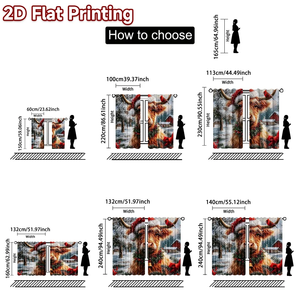 2D flat printing 2pcs Trend Christmas Curtains Christmas Festive Highland Cow Digitally printed polyester, durable Party