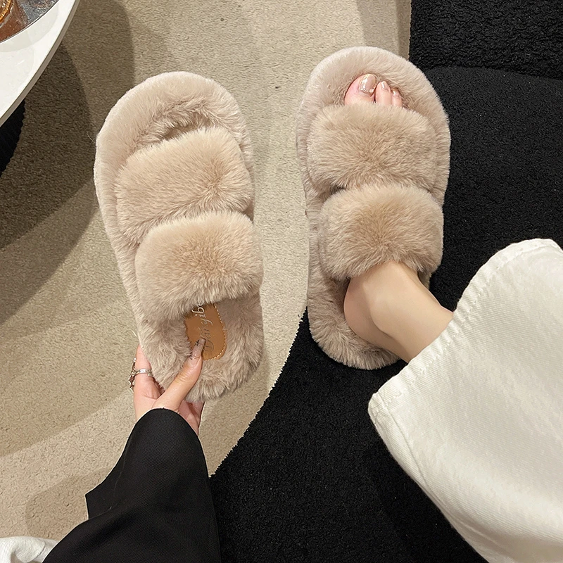 New Winter Open Toe Slipper Fur Thick Sole Flats Heel Ladies Casual Slip On Bedroom Shoes Soft Outdoor Fashion Fur Slippers