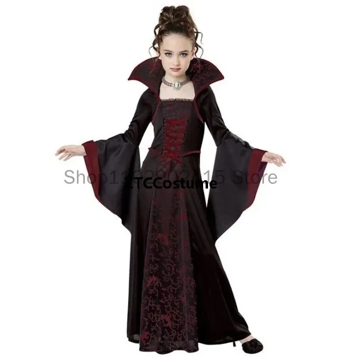 Disfraz de Vampiresa para Niñas, Vestido de Manga Larga con Mangas Abullonadas, Traje de Princesa Real para Fiesta de Halloween