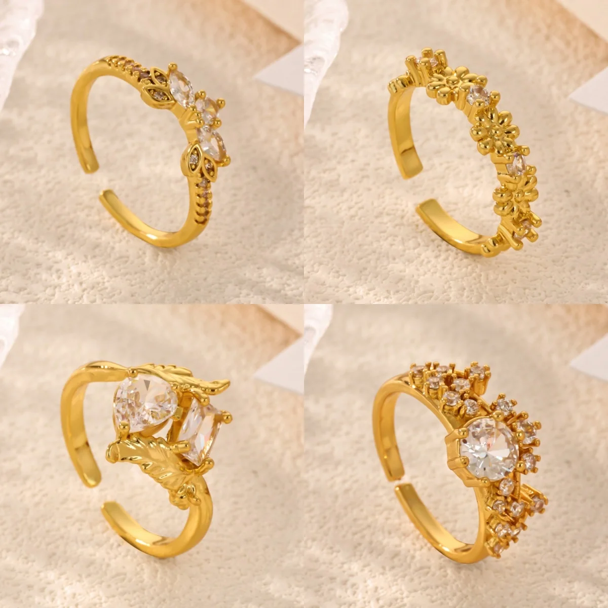 Luxury Sparkling Stainless Steel Multi Zircon Cluster Open Ring For Women Gold Color Adjustable Wedding Party Jewelry