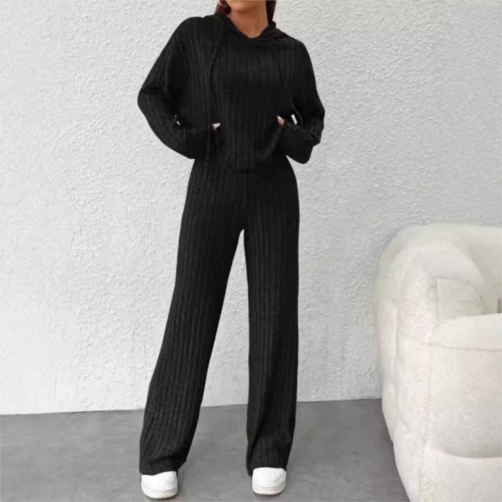 Spring Autumn Knitted Striped Hooded Sweatshirt Long Pants 2 Piece Set Women Fashion Loose Knitted Long Pants Female Casual Suit