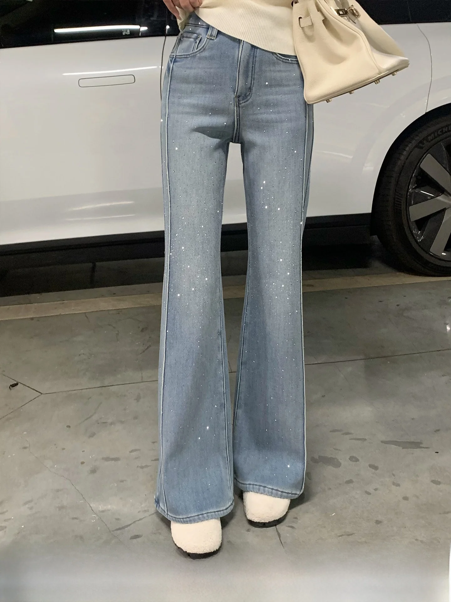 

Kun Total Paris Sparkling Light Blue Fce Lined Flared Jeans Women's High Waist Slimming Long Trousers Casual Cotton Zipper