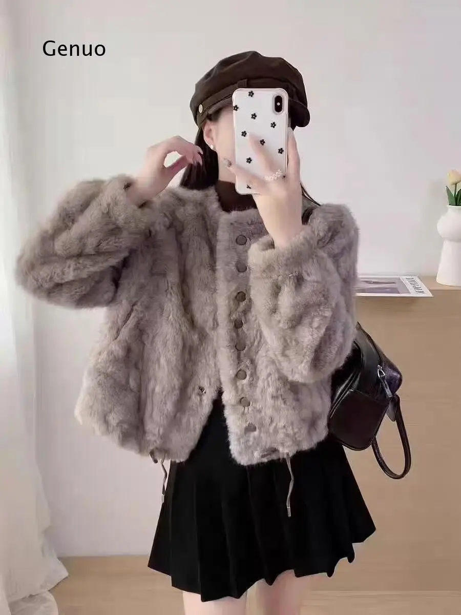 Women Grey Faux Fur Coat Short Round Neck Winter Warm Overcoat Thick Fluffy Outerwear for Daily Casual Streetwear