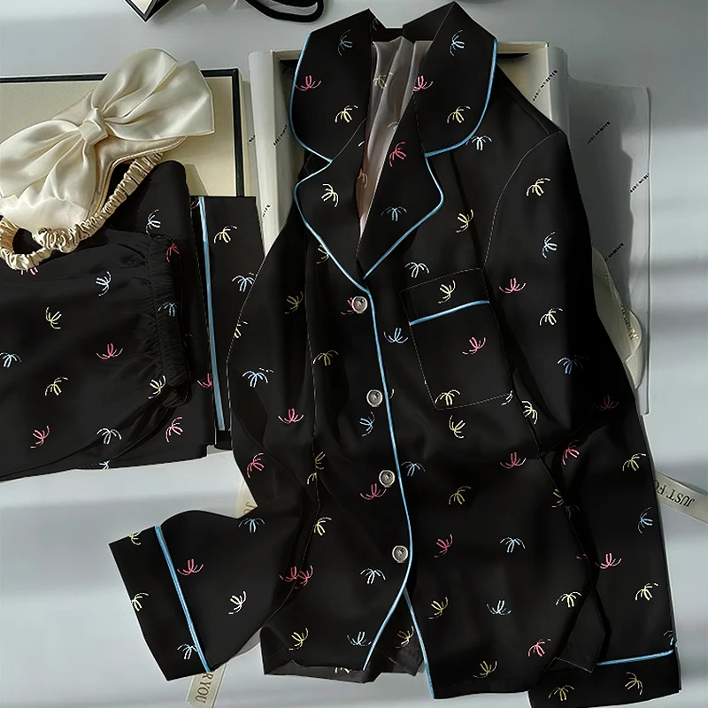 Korean Style Casual Print Women's Pajamas Fun Print Lace Solid Design 2 PC Set Pajamas Autumn Winter New 2025 Loungewear Fashion