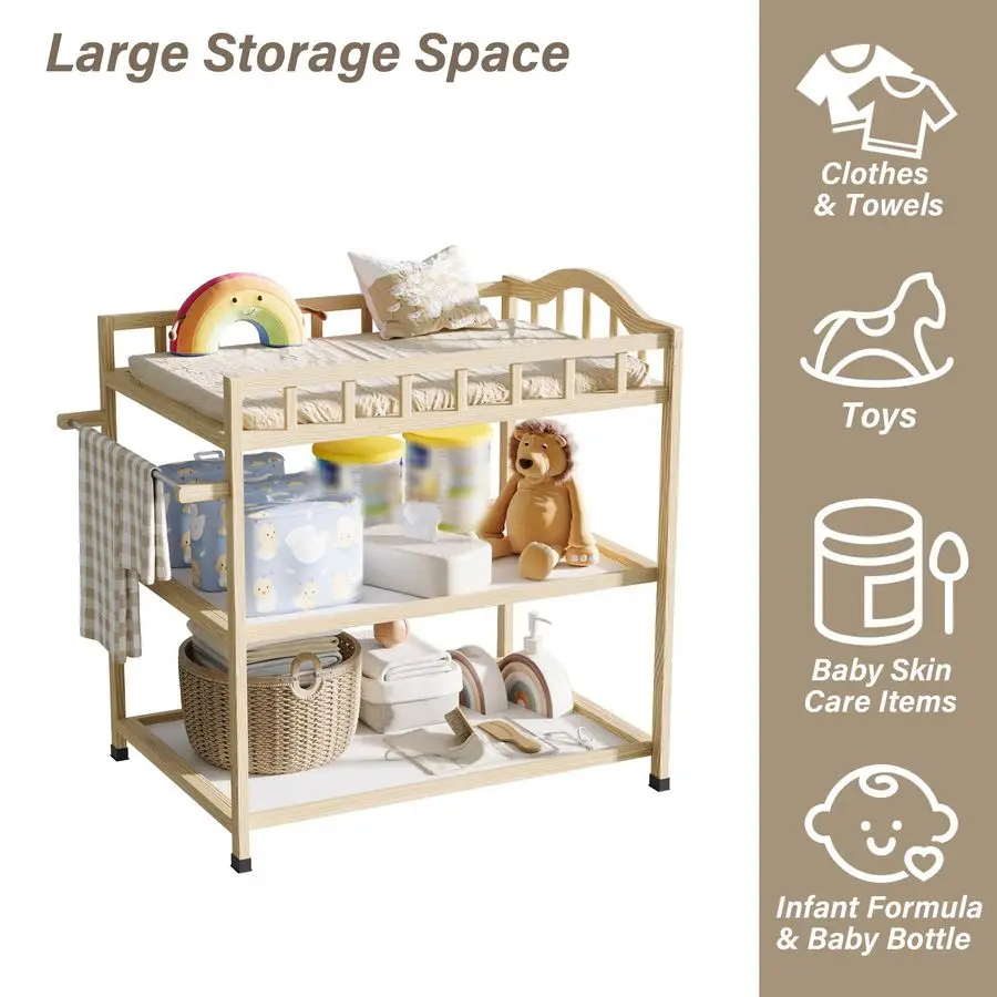 طاولة تغيير حفاضات الأطفال من خشب الصنوبر مع أرفف تخزين، محطة تغيير حفاضات الحضانة المحمولة للرضع، غرفة الأطفال، غرفة النوم #4