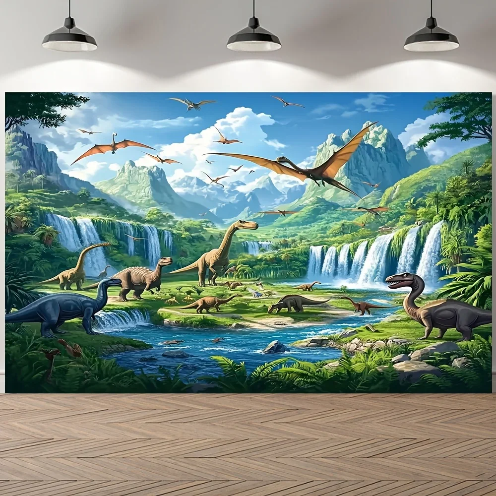 

1pc Dinosaur World Tropical Safari tapestry Vivid Dinosaur Scene Dense Forest Snow Mountain and Tranquil Lake Wall Decor
