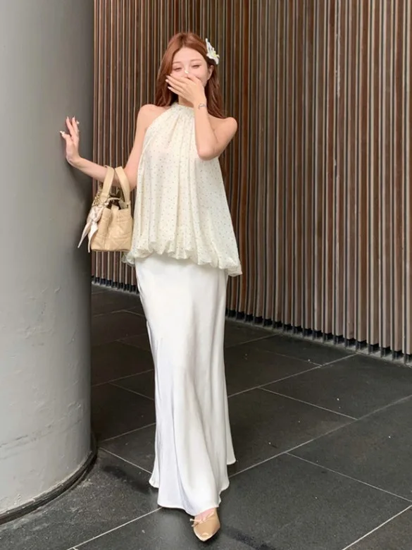

Summer Chic Polka Dot Halter Neck Two-Piece Set Satin Half Skirt Slimming Long Drapey Dress High Waist Knot