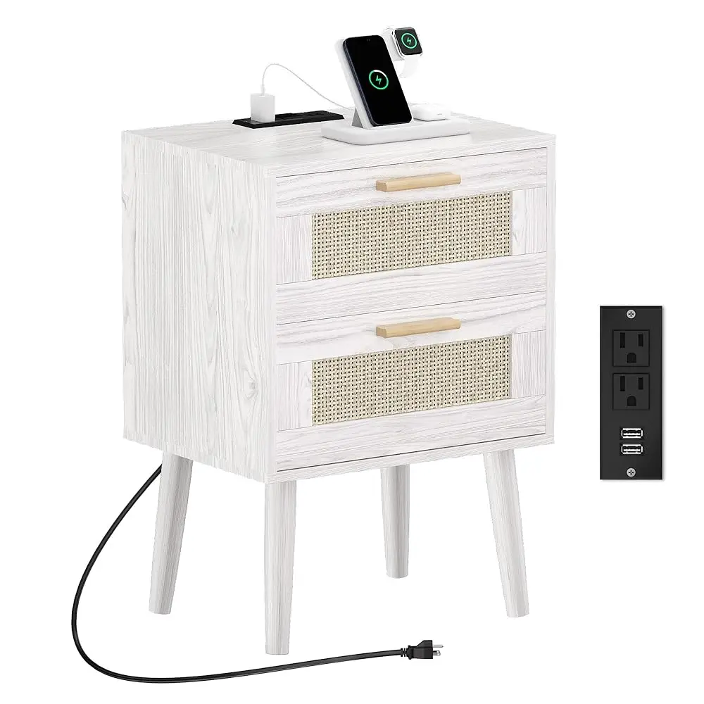 

Nightstand With Charging Station,Rattan Night Stand With Solid Wood Legs, Bedside Table With Usb Ports & Outlets, End Table For