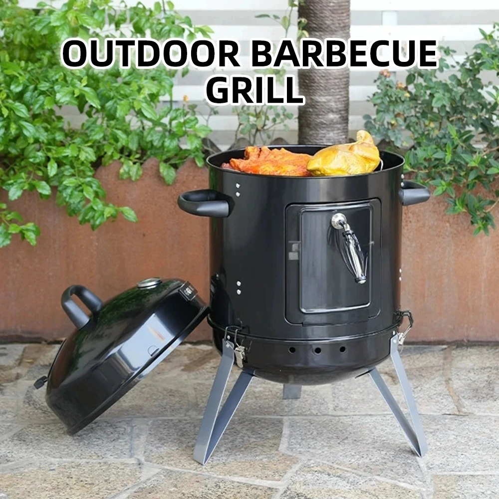Round Outdoor Food Smoker for Fish, Bacon, Meat with Smoking Box,Portable Multi-Function Smoker Grill