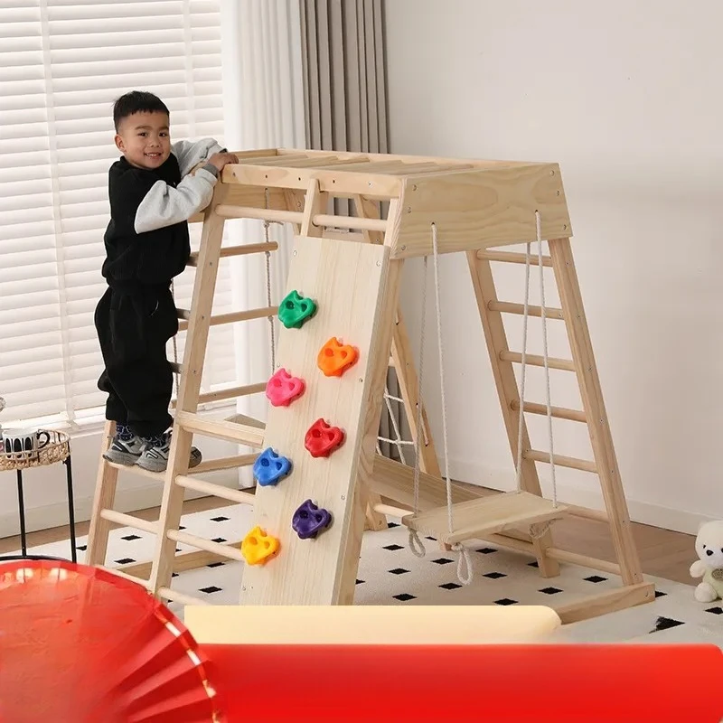 JMZ Wooden Jungle Gym Slide Climbing Frame for Kids Indoor Outdoor Playset with Rope Swing Solid Wood Activity Center for