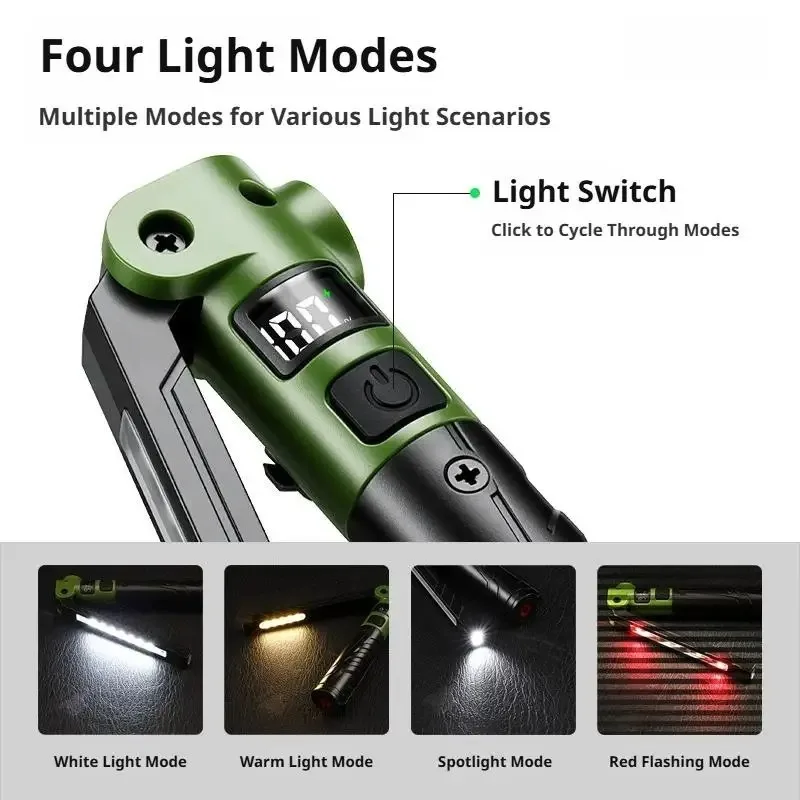 New LED COB Flashlight Rechargeable Work Light Magnetic Base Foldable Flashlight Digital Power Display Waterproof Repair Lamp