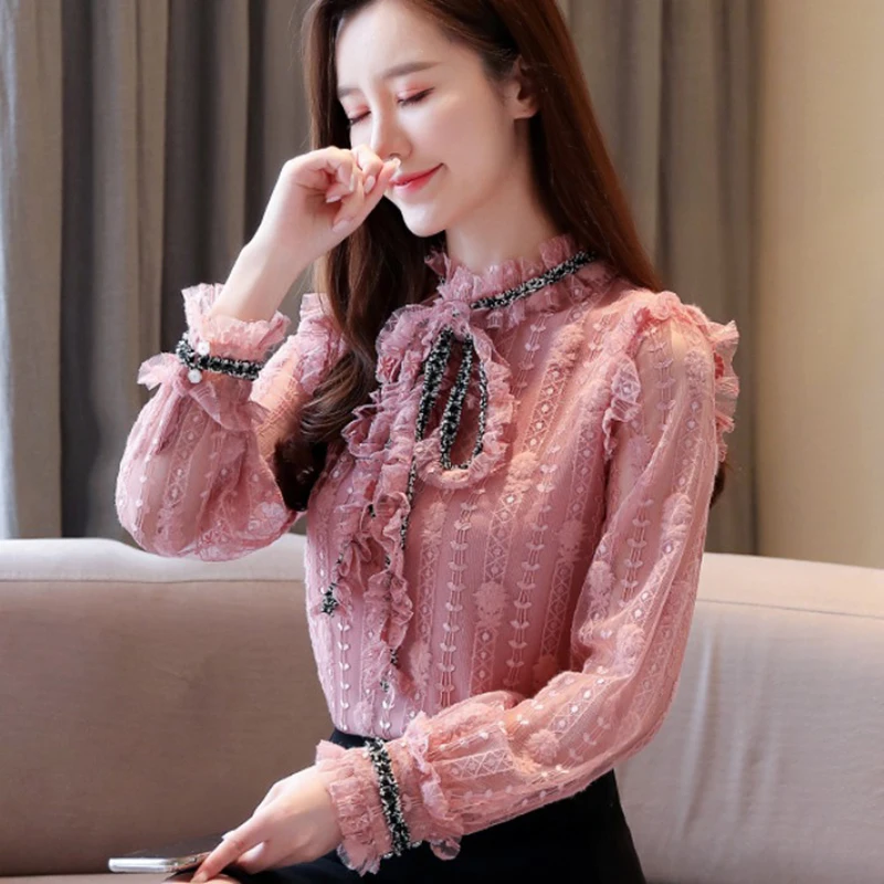 

Fashion Spliced Lace Up Bow Floral Ruffles Blouse Women's Clothing 2023Spring New Loose Casual Pullovers All-match Sweet Shirt