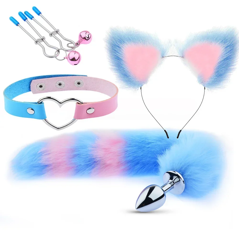 Anal Sex Toys Fox Tail Butt Plug Sexy Plush Cat Ear Headband With Bells Necklace Set Massage Sex toys For Women Couples Cosplay
