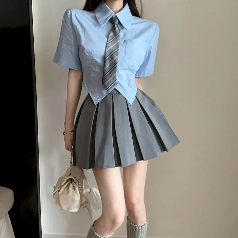 

JK Uniform Summer Japanese Korean Style Suits Dress Women Preppy Style Blue short sleeved shirt High Waisted Pleated Skirt Set