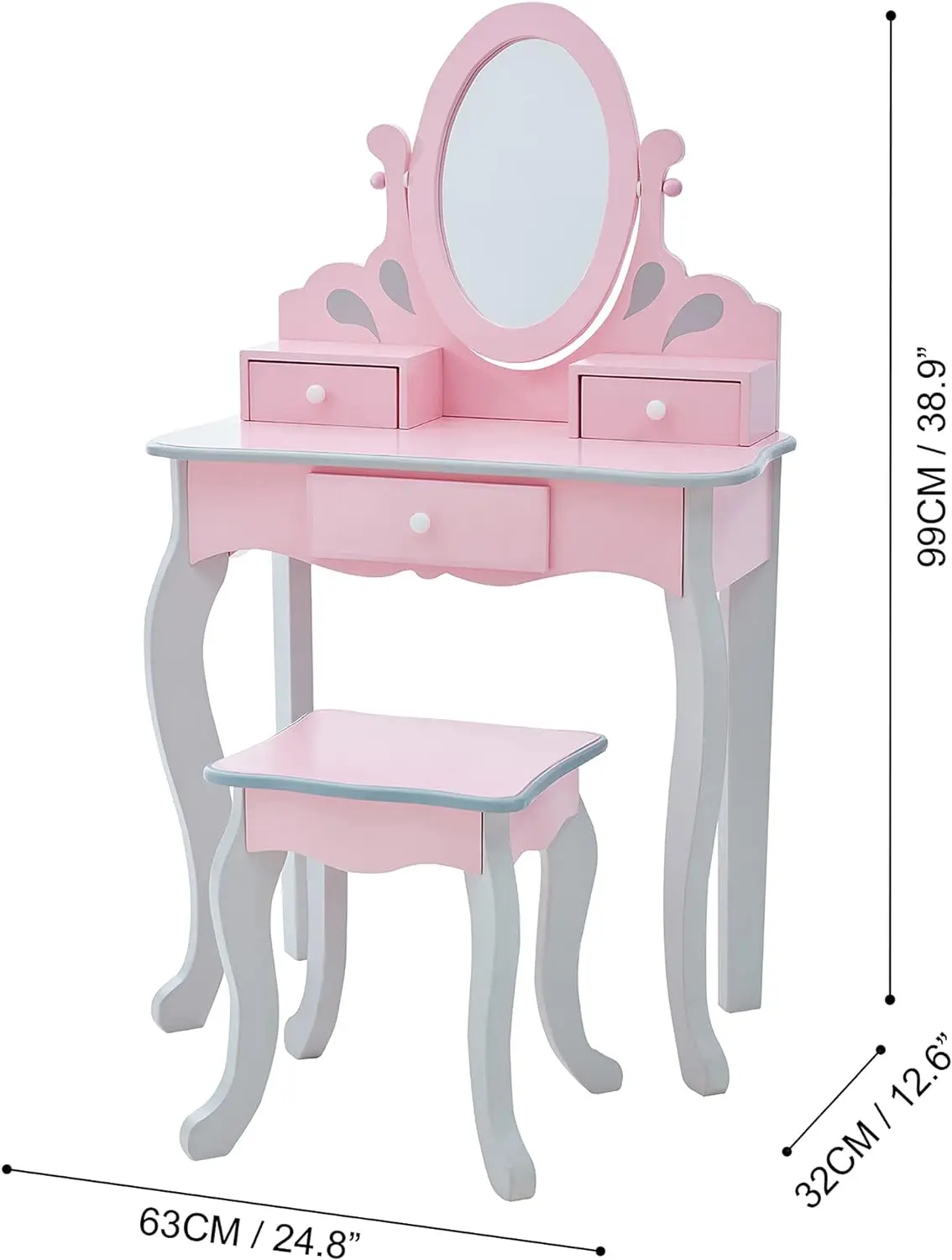 Girls Vanity Set with Mirror & Stool, 3 Storage Drawers, & Rotating Mirror, Little Princess Rapunzel Makeup Dressing Table