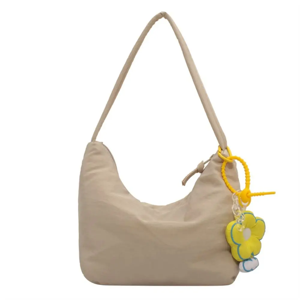 Korean Style Solid Color Hand Bag Dumplings Bag with Flower Pendant Light Soft Nylon Bag Large Capacity Tote Bag Shoulder Bag