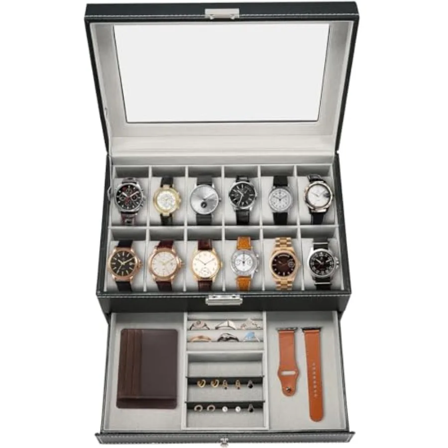 

12 Slot PU Leather Lockable Watch Storage Boxes 2-Tier Organizer Watch Showcase, Men and Women Jewelry Display Drawer Case Disp