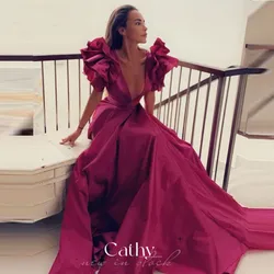 Cathy Rose Pink Prom Dress Sexy Deep V-neck ساتين حفلات  Customized A-line Vestidos De Fiesta Satin Floor Length Evening Dress