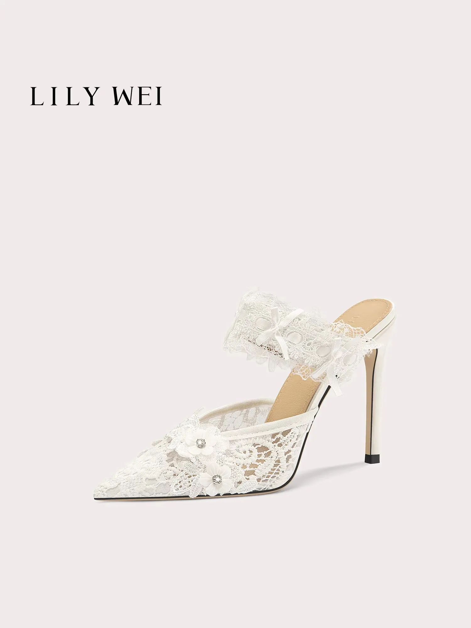 

Summer pointed Baotou white mesh rhinestone flower lace fashion slippers banquet large size small size high-heeled women sandals