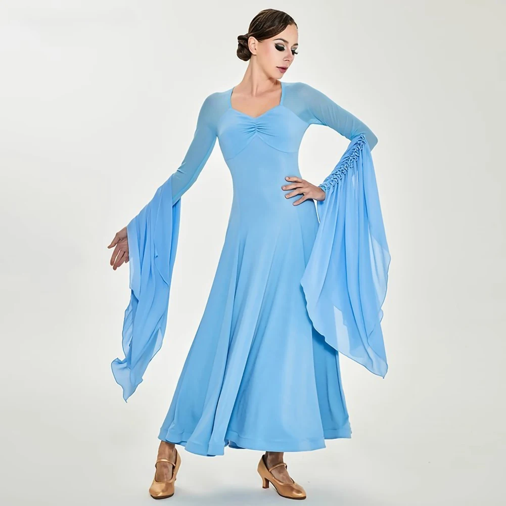 

Elegant Competition Standard New Black Ballroom Practice Wear Long Sleeve Streamers Light Blue Waltz Ballroom Dress
