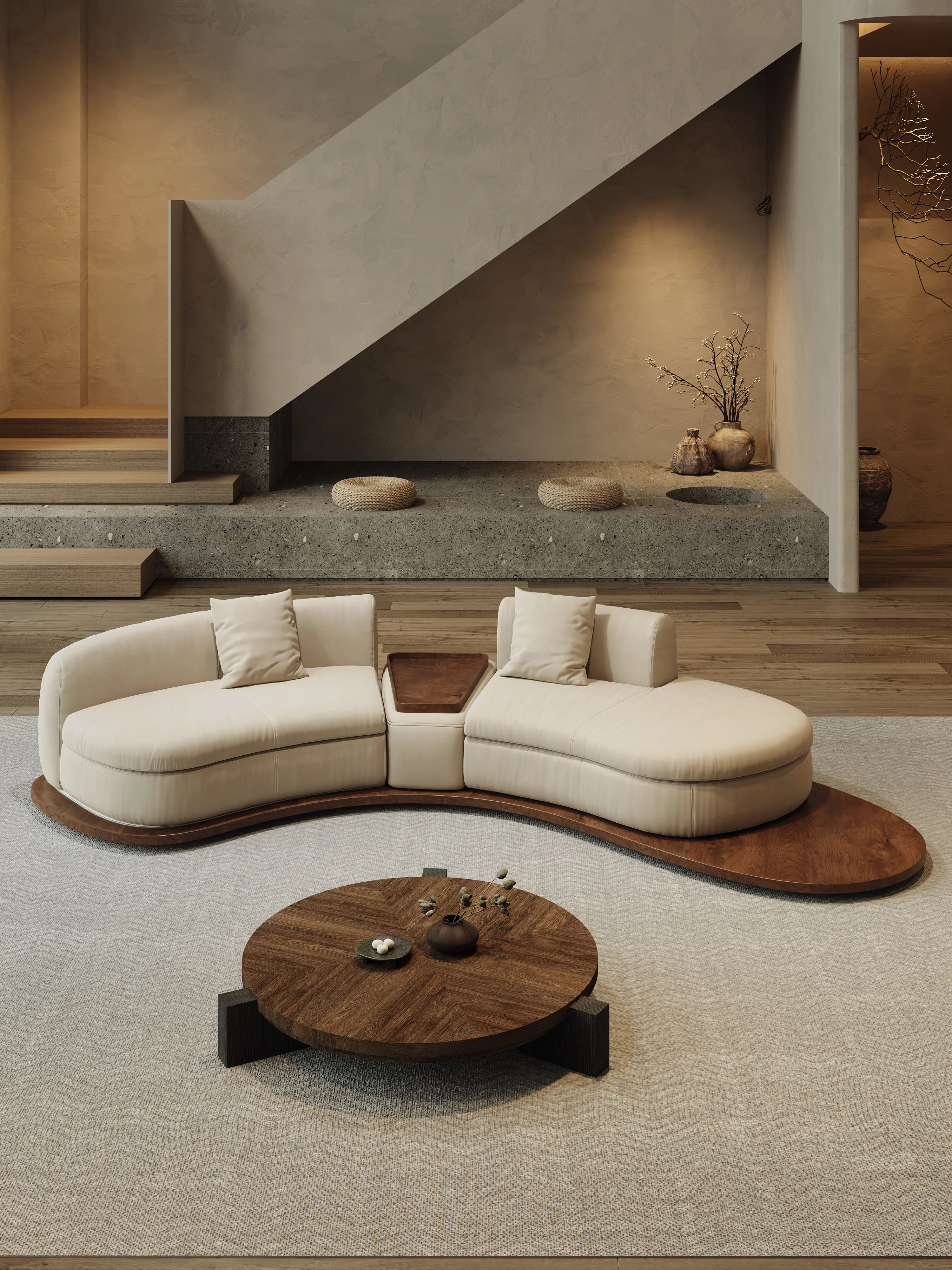 Curved special-shaped sofa solid wood living room small apartment homestay medieval wabi sandy wind hotel lobby lounge area