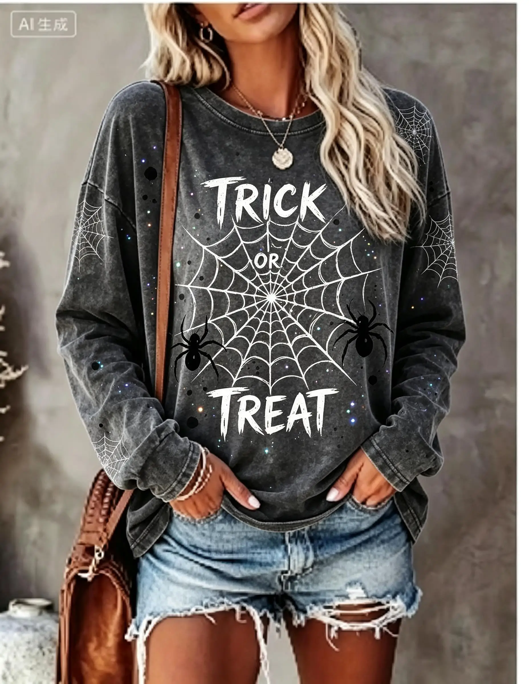 Women Halloween Long Sleeve T‑Shirt Trick Or Treat Spider Web Tie‑Dye Print Crew Neck Tops