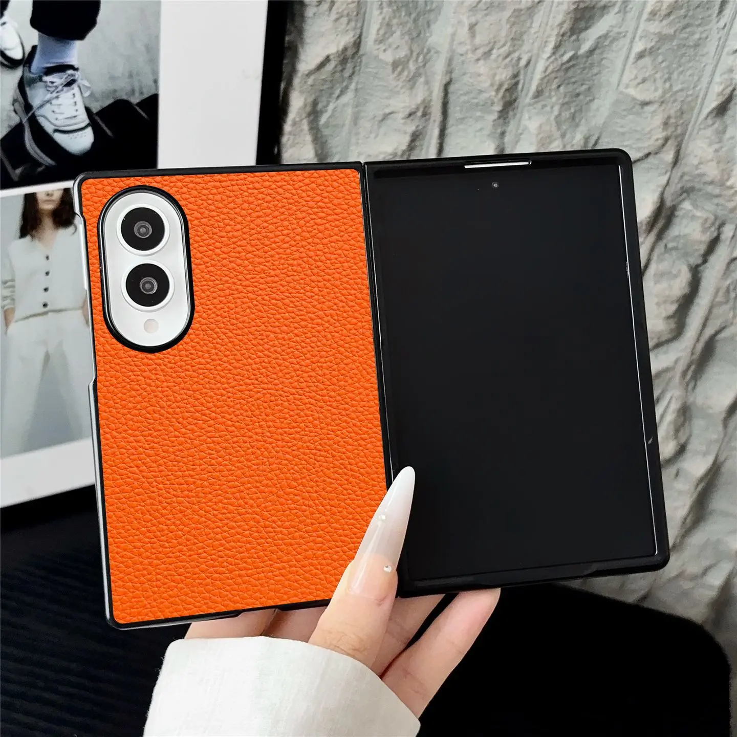 Business Lychee Pattern Leather PU Flip Case for Samsung Galaxy Z Fold 8 Ultra 8 7 6 Plain Shockproof Raised Lens Protect Cover